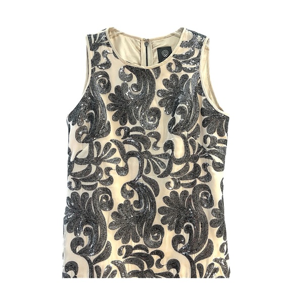 VINCE CAMUTO Silver & Pewter Sequin Swirls on Ivory Sleeveless Cocktail Dress 6 - Picture 4 of 16
